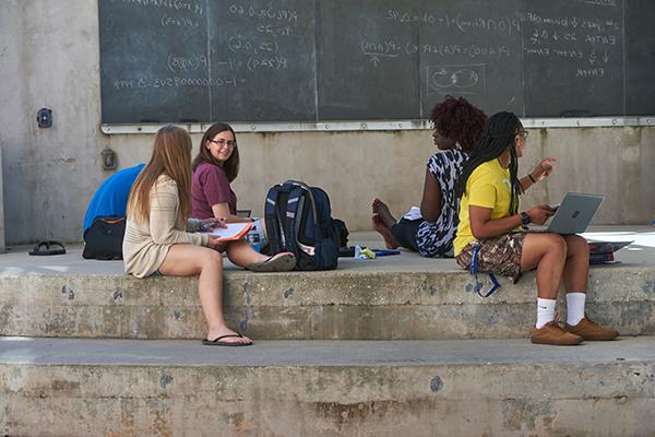 数学科学专业的学生在威斯康星大学4号楼外的黑板上学习